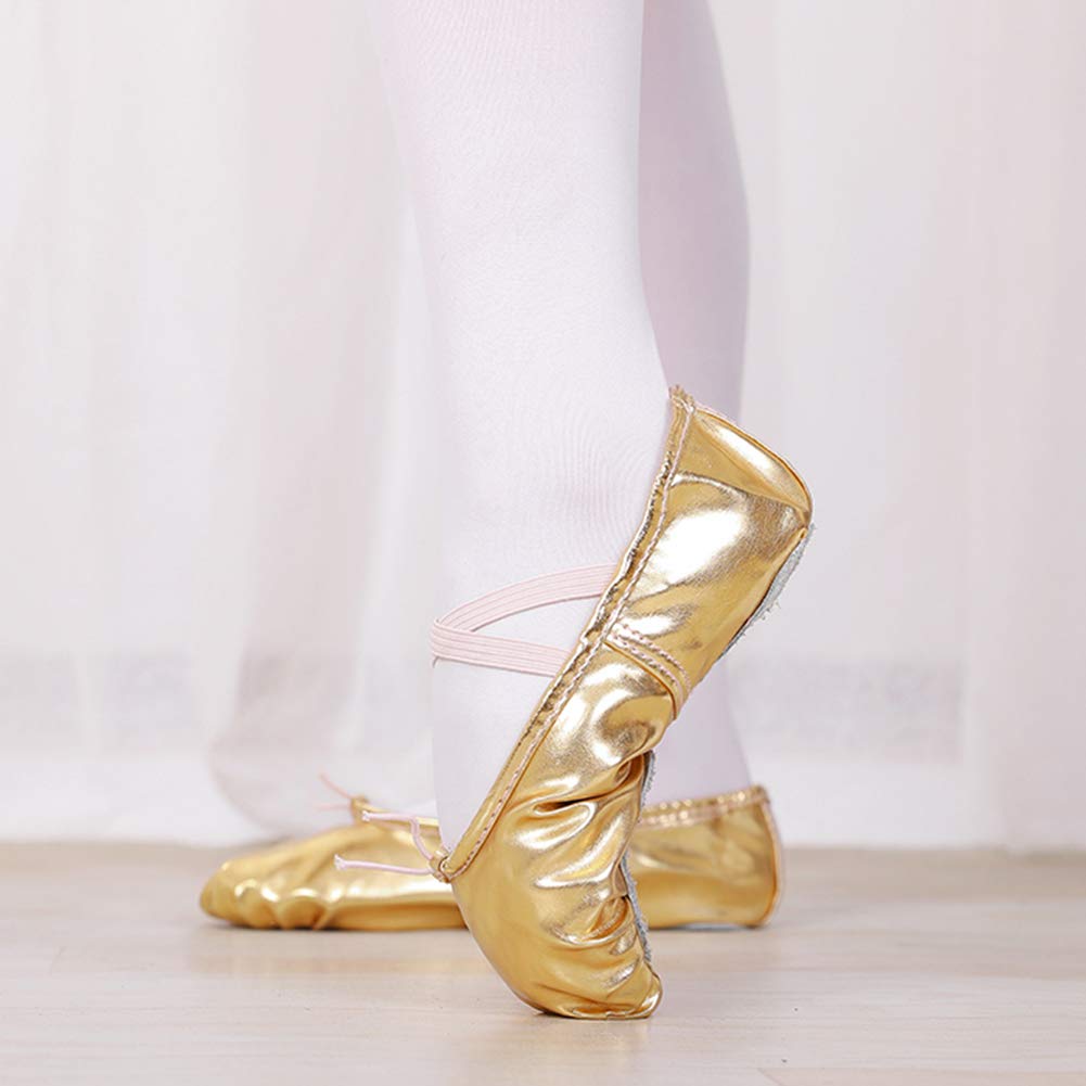 MNSSRN-MM PU Cuero Zapatos Brillantes de Baile, Suave, Ligero y cómodo para el Escenario de Funcionamiento Zapatos de Baile de la Danza de Vientre de Ballet para niños,Oro,32