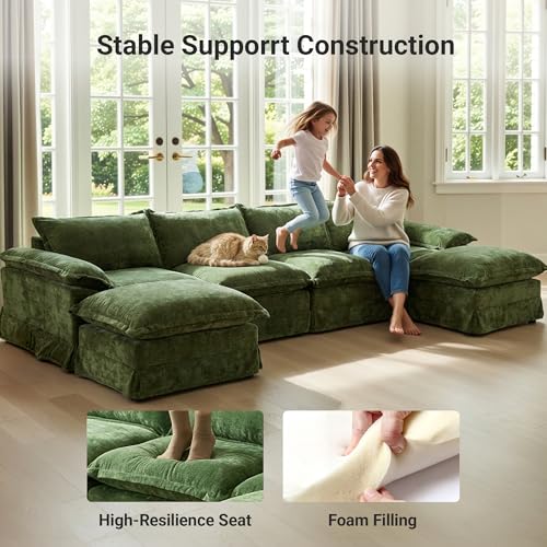Image of Claiks 157 inch Modular Boneless Couch, U Shaped Couch for Living Room, Modern Deep Seat Sofa 4 Seater Chenille Fabric Comfy Cloud Couches with Movable Ottoman, Dark Green