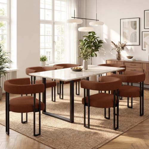 Image of Modern Corduroy Dining Chairs Set of 6 with Metal Legs,Comfy Accent Dining Room Chairs Upholstered Kitchen Side Chairs with Curved Backrest for Dining Room Kitchen Living Room (Coffee,6)
