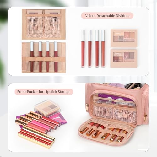 Makeup Bag Large Travel Make up Bag Organiser for Women PU Leather Toiletry Bag Portable Makeup Case with Brushes Compartments, Pink - Image 4