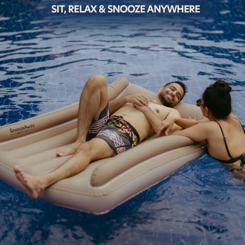Image of SnoozeAway Inflatable Privacy Bed with Rechargeable Air Pump, Ultralight Portable Ergonomic Bed for Kids & Adults | Floating Pool, Beach, Camping, Trekking, Indoor & Outdoor Relaxation (Desert Beige)