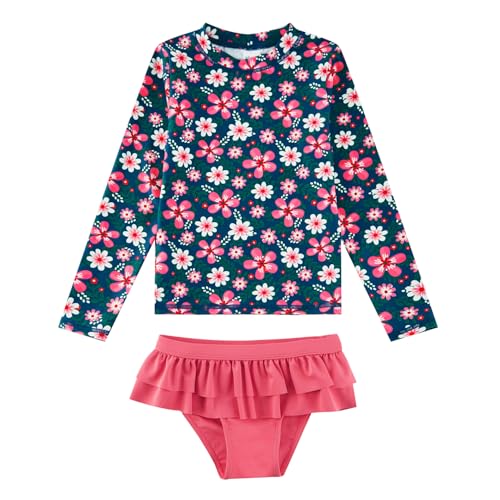 upandfast Baby/Mädchen Rashguard-Set UPF 50+ Badeanzug Mädchen Langarm Bademode(4 Jahre,Blau Blume)