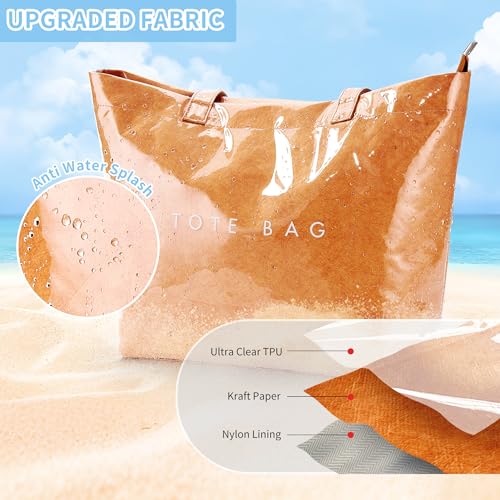 Image of KALIDI PVC Zipper Tote Bag, Jelly Kraft Paper Beach Bag Large Hobo Carry All Travel Shopping Handbag Plastic Shoulder Bag