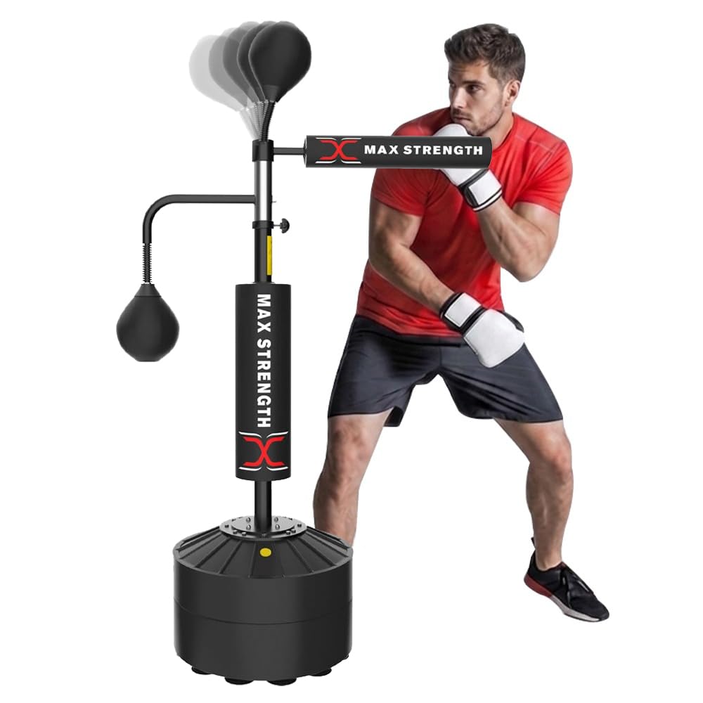 MAXSTRENGTH Free Standing Boxing Punching Bag Speed Ball Adjustable Height Freestanding- For Training, Practice, Reaction Speed, etc Reflex Bag for Adult (Black 3D Speedball)