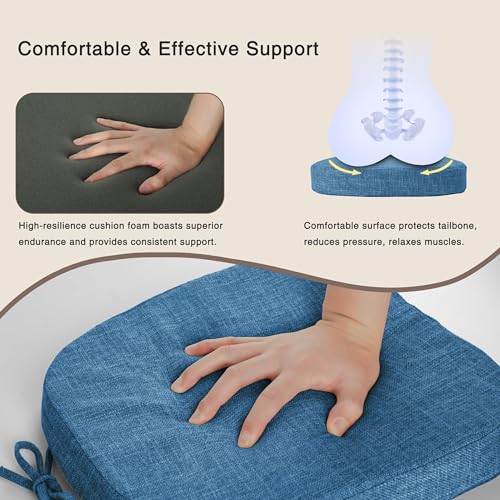 Image of OVOV 14x14 Chair Cushions for Metal Dining Chairs Set of 4 Blue | Non Slip, Washable Removable Cover with Ties, Textured, for Dining Room, Kitchen Cafes Bistro Patio, Stackable Chairs