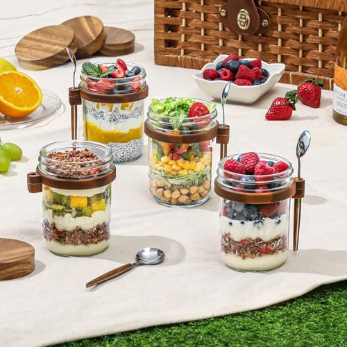 Image of LANDNEOO 4 Pack Overnight Oats Containers with Wooden Lids and Spoons, 16oz Glass Mason Overnight Oats Jars with Lids, Large Capacity Airtight Jars for Milk, Cereal, Fruit