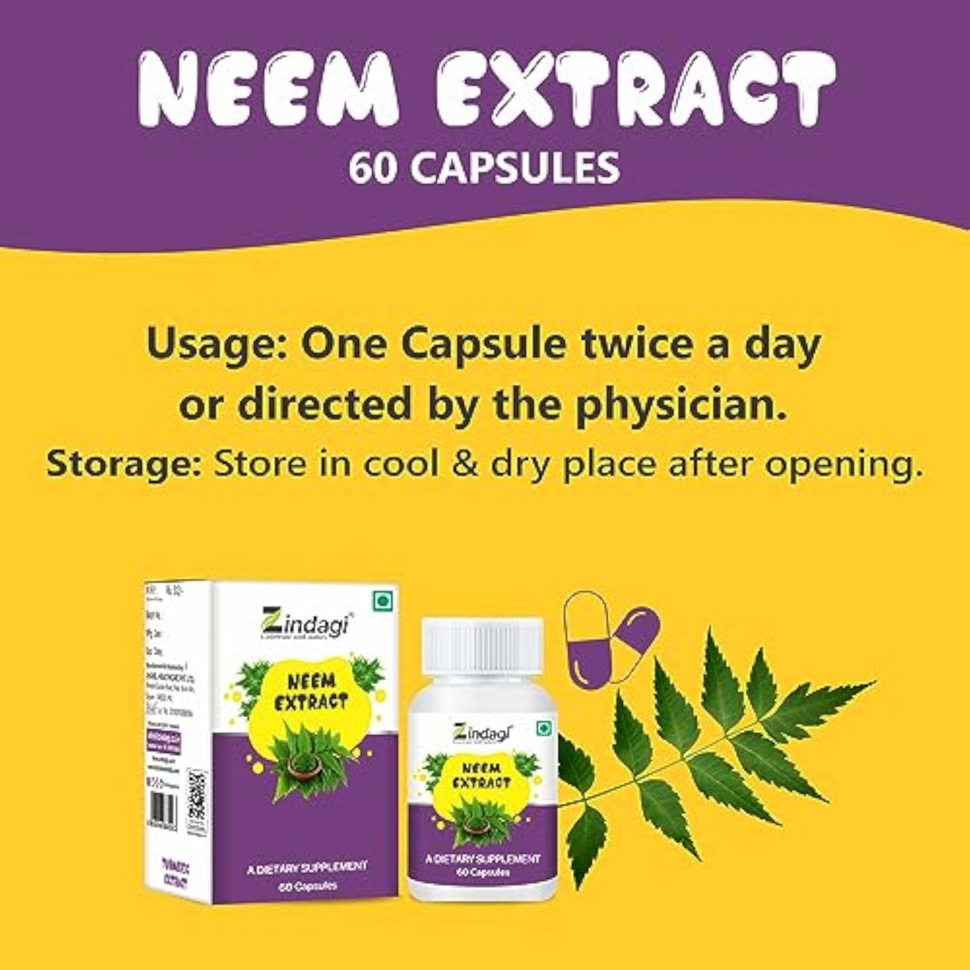 Neem Extract Capsules, 100% Pure Dietary Supplement