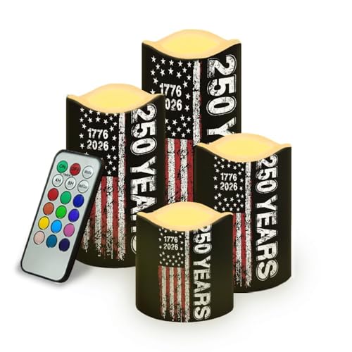 Image of American Flag Battery Operated LED Candles 1776-2026 250th Anniversary Flameless Flickering Remote Independence Day Patriotic Candle Celebratory Decor for Fireplace Porch, 4 Pack