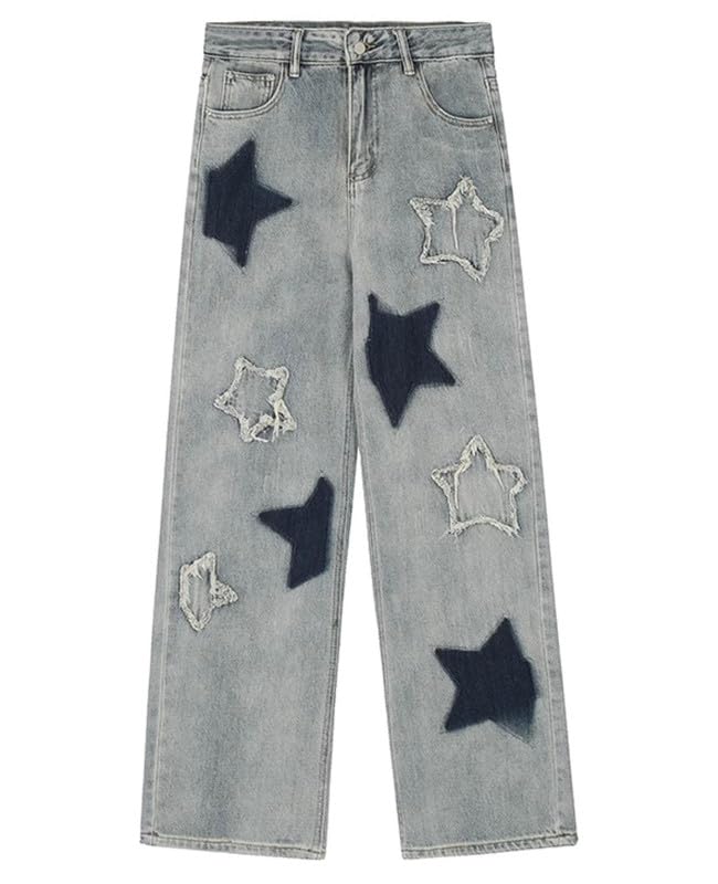 Y2K Baggy Pants for Women Girls Cute Star Patchwork High Waisted Straight Leg Jeans Casual Goth Clothes3