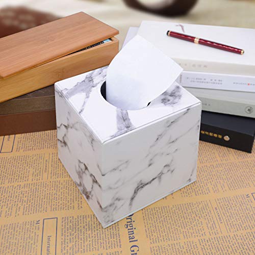 Voicefly Leather Square Roll Tissue Box Holder, Stylish Napkin Holder Pumping Paper Case Dispenser, Facial Tissue Box Cover For Home Office Car Decoration, White Marble #TOP5