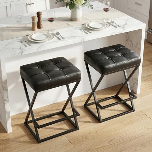 Image of Bar Stools Set of 4, 26 Inch Counter Height Stool Faux Leather Black | Backless Counter Stools with X-Frame Metal Legs, 3.3 inch Upholstered Seat, Mid-Century Modern, for Kitchen Island, Home Bar