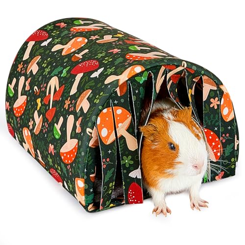 Glittme Guinea Pig Hideout with Curtain and Tunnel - Soft Bed with Cushion - Suitable for Guinea Pig, Hamster, Chinchilla, Bunny - Mushroom