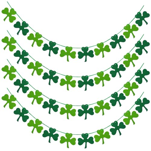4 Pack Felt Shamrock Garland Clover Banner St Patricks Day Decorations Green Shamrock Decorations St. Patricks Day Accessories Irish Party Favors Supplies for Home Door Birthday Saint Patricks Decor