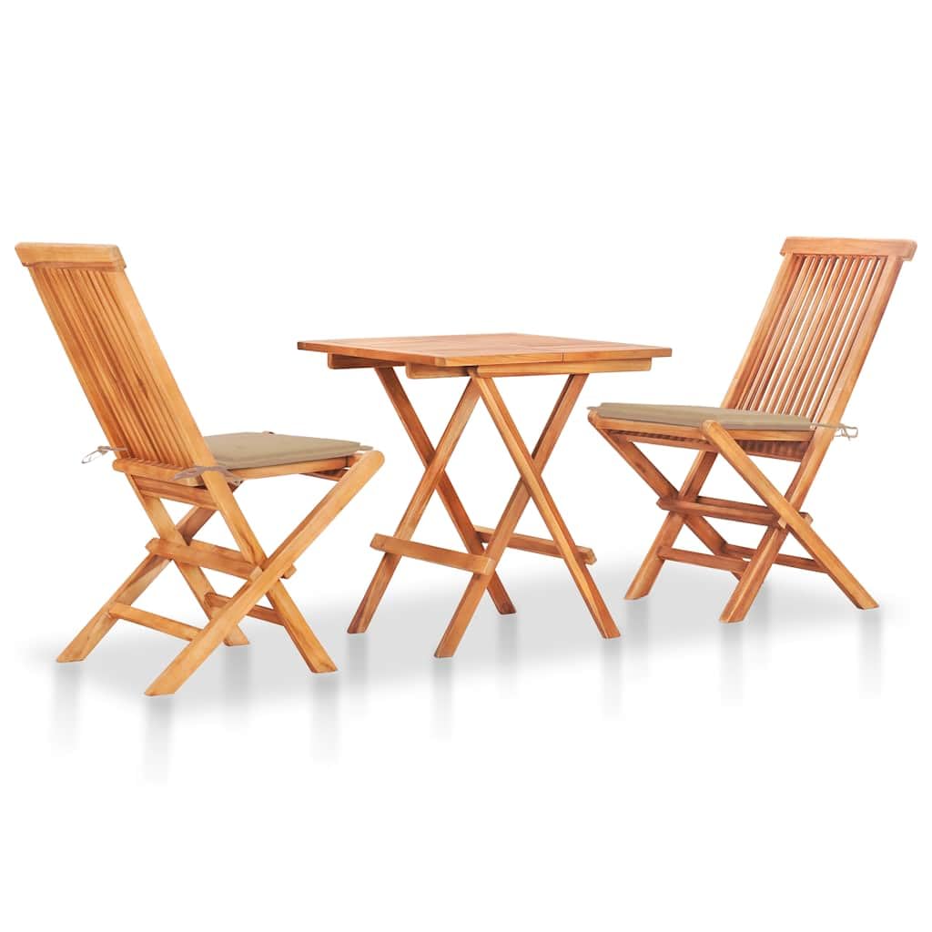 Set da bistrot in legno massello di teak con cuscino beige, tavolo pieghevole e sedie per giardino, terrazza, balcone