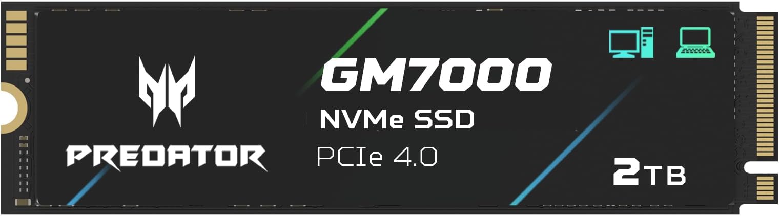 Predator M.2 SSD 2TB GM7000 with DRAM cache NVMe 1.4 2280 PCIe Gen4×4 Ultra high speed (maximum read: 7400MB/s, max write: 6700MB/s) 3D NAND TLC Internal SSD Compatible with PS5 Pro - BL.9BWWR.106