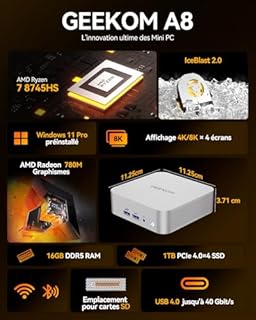 GEEKOM A8 Mini PC avec AMD Ryzen 7 8745HS, AMD Radeon 780M, 16 Go DDR5 & 1To SSD(Évolutif), Lecteur SD, Windows 11 Pro Mini Computer Compact | 6X USB | Mini Ordinateur de Bureau pour Idéal Jeux/Bureau