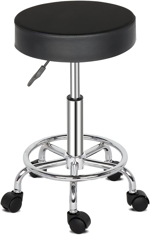 Rolling Stool Swivel Salon Chair, Adjustable Drafting Stool Massage Spa Chair with PU Leather Cushioned Seat Chrome Metal Base (Black)