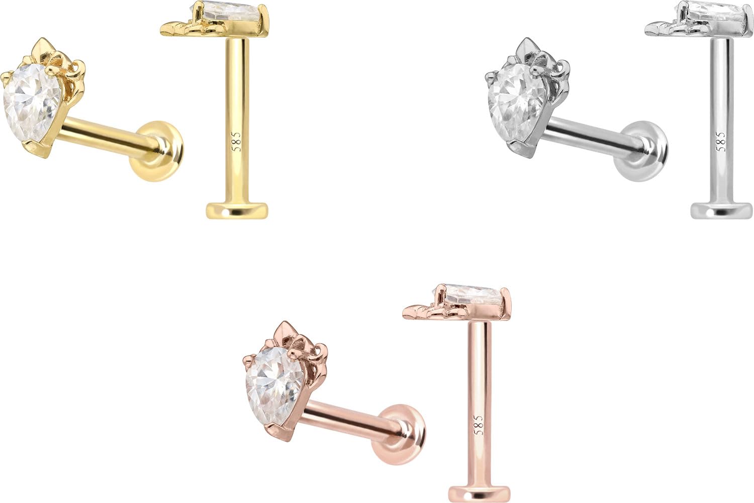 PIERCINGLINE Piercing Stecker 14 Gold Labret mit Innengewinde MOISSANIT-TROPFEN 585er Gold - Roségoldfarben, Goldfarben, Silberfarben