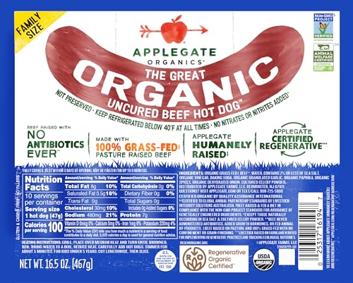 Applegate Organics The Great Organic Uncured Beef Hot Dog, 16.5 OZ