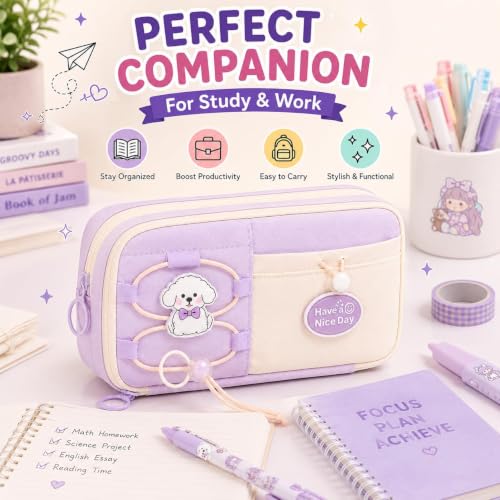Image of Canvas School Bag Pencil Case, 3 Layer 6 Compartment Large Capacity, Aesthetic Pencil Pouch for Stationary, Cute Stationery for Kids, Pencil Case for Girls & Boys (Nice Day Purple)