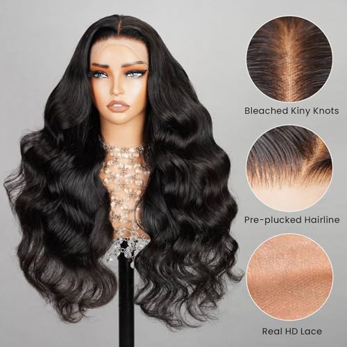 MEGALOOK Upgraded Bleached Knots Body Wave Human Hair Wig 13x4 HD Pre Cut Lace Front Wigs 200% Density Brazilian Real Human Hair Wigs for Women Wear and Go Glueless Wigs Natural Black Color 20 Inch - Image 2
