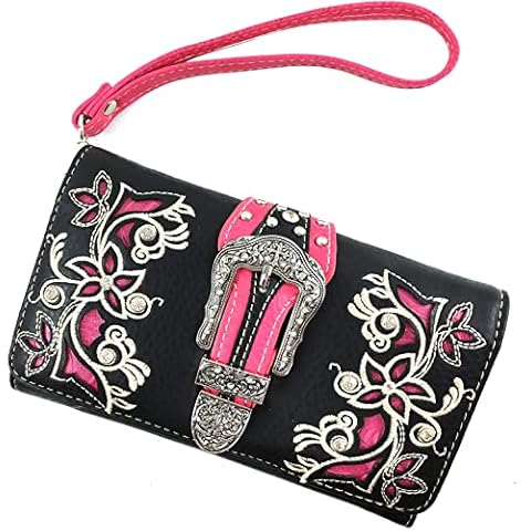 Justin West Tooled Laser Cut Leather Solid Rhinestone Silver Buckle Wristlet Trifold Wallet Attachable Long Strap (Black Hot Pink) Cover