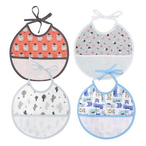 Ti TIN | Pack 4 Baberos de Punto de Cruz 100% Algodón con Tacto muy suave | Estampados surtidos | 19x19 cm | Baberos de algodón | Tacto Suave y Forro de Rizo