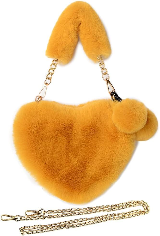 Sanjis Enterprise Women Girls Faux Fur Heart Shaped Handbag Plush Shoulder Bag Clutch Purse with Metal Chain Strap