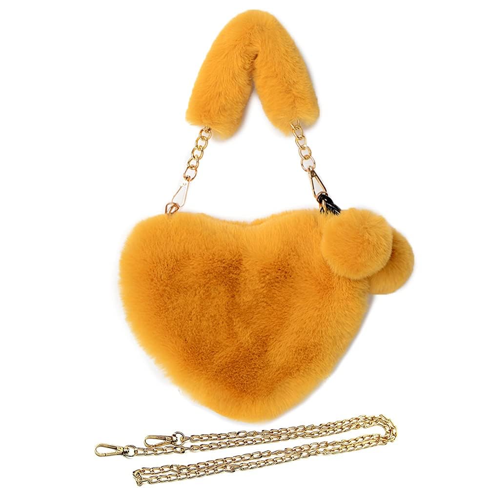 Sanjis Enterprise Women Girls Faux Fur Heart Shaped Handbag Plush Shoulder Bag Clutch Purse with Metal Chain Strap (Yellow)