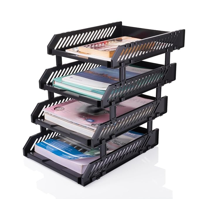 Image of File Tray Rack ABS Plastics | Foldable Office Desk Accessories | Durable & Sturdy | Easy Assembly | Efficient Organizer | Plastic Office Stationery Files Layer Rack -4 Layer (Black)