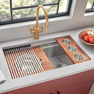 Ruvati 39 inch Workstation Kitchen Sink Dual Tier Undermount Kitchen Sink 16 Gauge Stainless Steel Kitchen Sink with Brushed Finish hides scratches RVH8299