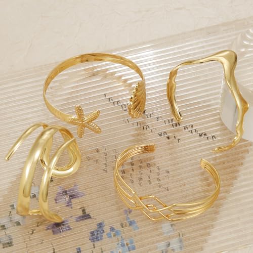 BROCC 4PCS 14K Gold Plated Stackable Cuff Bracelets Set for Women Adjustable Open Cuff Bangle Bracelet Hammered Wrist Thin Minimalist Gold Cuff Bracelets3