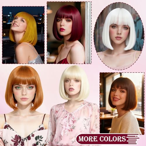 Image of PLULON Burgundy Short Bob Wig with Bangs for Women, Colorful Neon Short Bob Synthetic Hair Wigs with Hair Cap Heart Sunglasses for Adults Girls Daily Bachelorette Halloween Costume Party Supplies