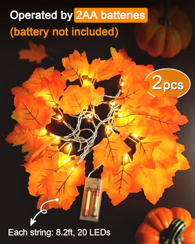 Fall Decor 2 Pack Lighted Fall Garland, Total 16.4ft 40 LED Thanksgiving Decorations Halloween String Lights, Friendsgiving Gift Thanksgiving Decor for Home Holiday Autumn Garland Indoor