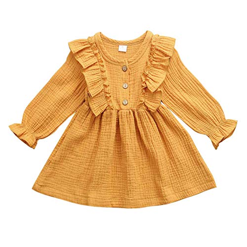 Image of Toddler Baby Girl Infant Comfy Cotton Linen Lace Princess Overall Dress Sundress (R Long Sleeve Mustard Yellow, 6-12 Months)