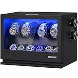 BEWISHOME Watch Winders for Automatic Watches, 4 Watch Winder and 6 Watch Display Case with Led Light 4 Modes, Automatic Watch Winder Box with Japanese Quiet Motor USB-C Adapter, Black SYQ04B