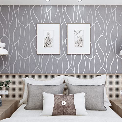 Kmiles Sliver Gray Peel And Stick Wallpaper 20.8" X 393", Curve Ripple, For Livingroom Bedroom Bathroom Self Adhesive Removable Non-Woven 3D Wallpaper #TOP1