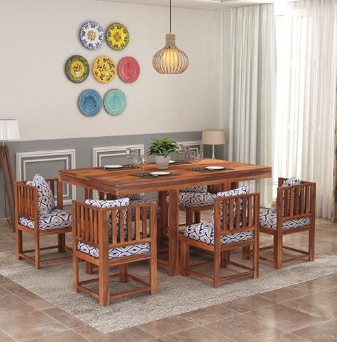 Image of Sheesham Wood 6 Seater Dining Table with 6 Cushion Chairs 6 Seater Wooden Dining Room Set Wooden Dinner Table Furniture for Living Room Home (Chestnut Teak)