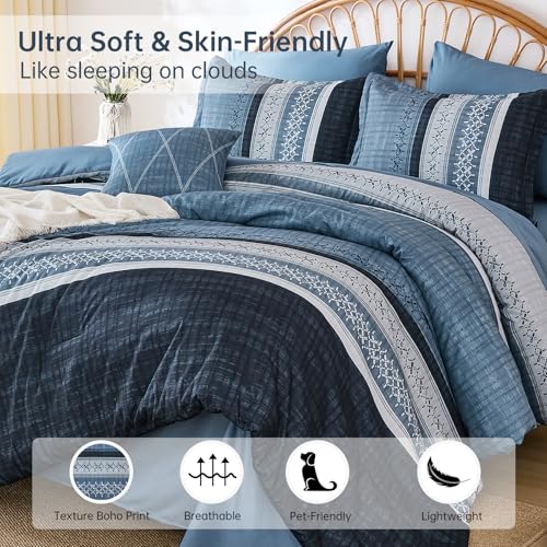 Image of Dintszyayue Navy Blue King Comforter Size Set, 8 Pieces Striped Texture Bed in a Bag Bedding Sets, Lightweight Soft Comforter and Sheet Set, All Season Microfiber Teen Boys Bedding Sets for Men Women