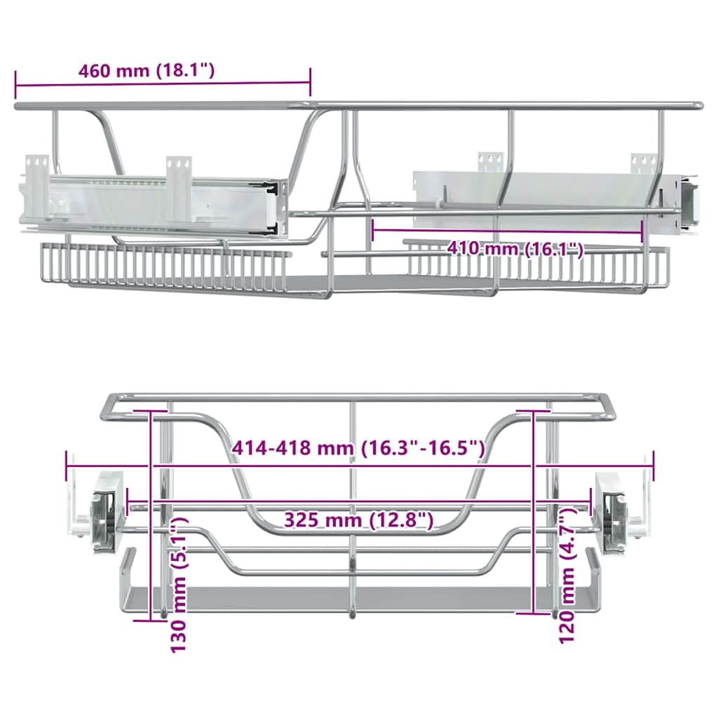 Cestas de alambre de cocina, 2 unidades, extensibles, plateadas, 45 cm, cromadas, para armario y cajón, organizador para cubiertos, utensilios de cocina y almacenamiento