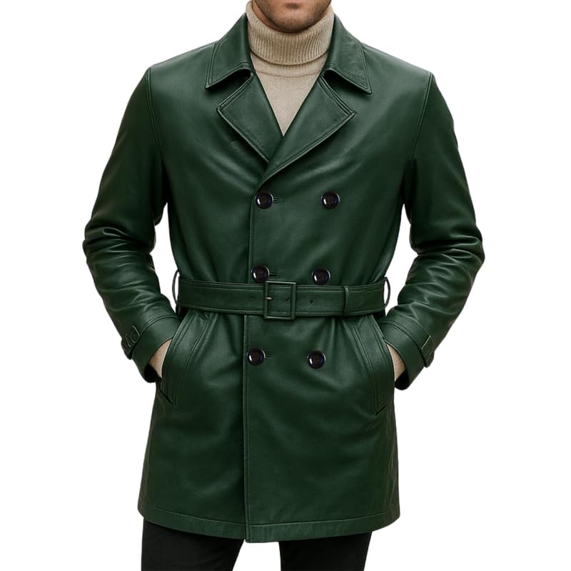 Men's Real Leather Trench Coat with Waist Belt – Double-Breasted Winter Overcoat-Quilted lining | 6-colors Variants