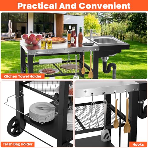 Image of Outdoor Grill Table with Sink, Pizza Oven Cart with Drawer & Wheels, Movable 3 Shelf Food Prep Table for Ninja Woodfire, Blackstone Griddle Stand, Ooni Pizza Oven, Cuisinart, Cooking Station