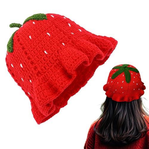 Gorro De Ganchillo Fresa – Gorro De Pescador Fresa De Poliéster 58 Cm | Lindo Goro De Ganchillo con Volantes Cálido | Diseñado para Agregar Y Comodidad para Cosplay, Disfraces O Uso Diario.