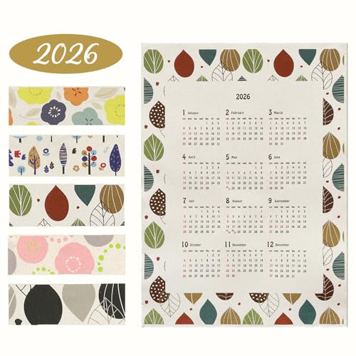 カレンダー 2026年 壁 ウォール インテリア 雑貨 令和8年 壁掛け キャンバス 布 シンプル おしゃれ コットン リネン リーフ 葉っぱ プレゼント ギフト 贈り物 シンプル グリーン