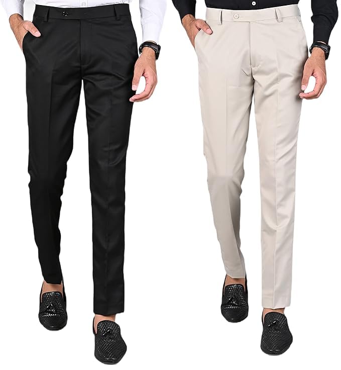Men's Formal Slim Fit Trousers, Pack of 2, Black & Cream-picture-13
