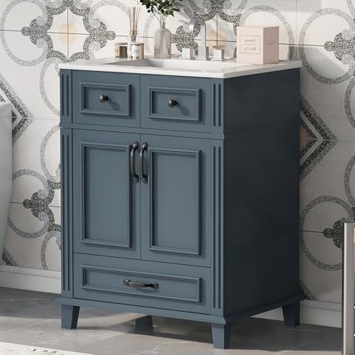Virubi 24 Inch Freestanding Bathroom Vanity with Ceramic Sink, Blue