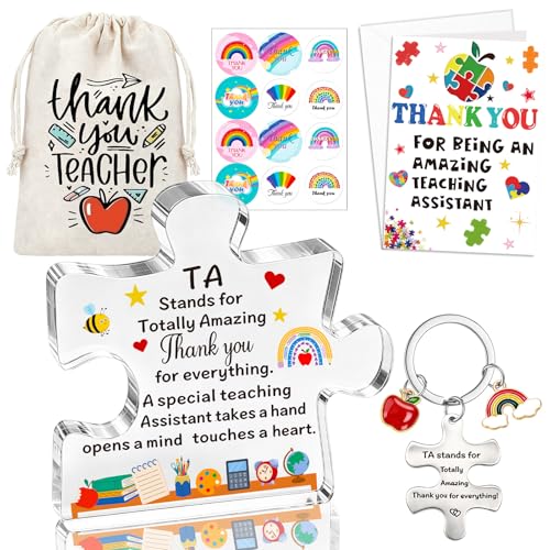 Huiboome Teaching Assistant Gift for Women Men Includes Thank You Card Keyring and Acrylic Plaque TA Stands for Totally Amazing Thank You Teacher Nursery TA Gifts from Student with Canvas Bag.