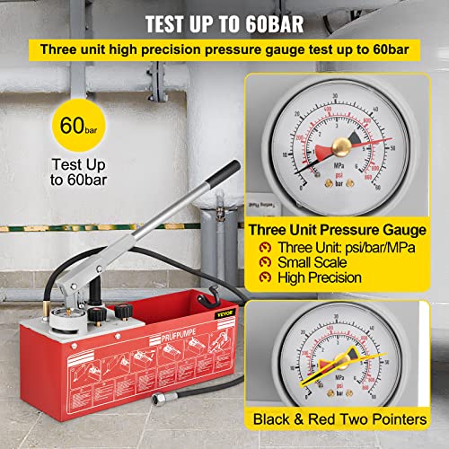 Image of VEVOR Hydrostatic Pressure Test Pump, Test Up to 60 bar /860 psi, 3.2 Gallon Tank, Hydraulic Manual Water Pressure Tester Kit w /Three-Unit Gauge & R 1 /2 inch Connection for Pipeline Fluid Pressure Testing
