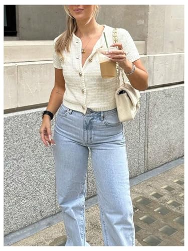 SHENHE Women's Short Sleeve Button Down Cardigan Sweater Cropped Lightweight Going Out Tops4
