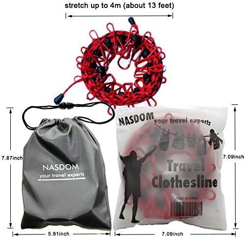 Travel Clothesline,4m/13ft Portable Retractable Adjustable Clothes Line Rope with 1 Waterproof Bag, 12 Clothespins, 13 Anti-Skid Clips for Outdoor and Indoor (Red)